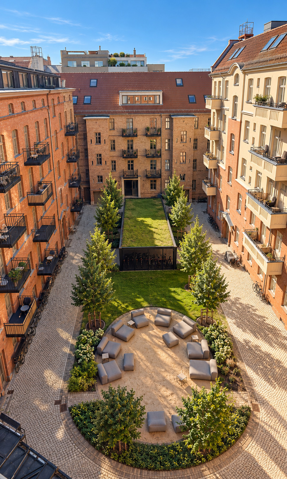 The green inner courtyard of Kleine Bremer Höhe — lawn, young trees and a round lounge seating area surrounded by brick façades