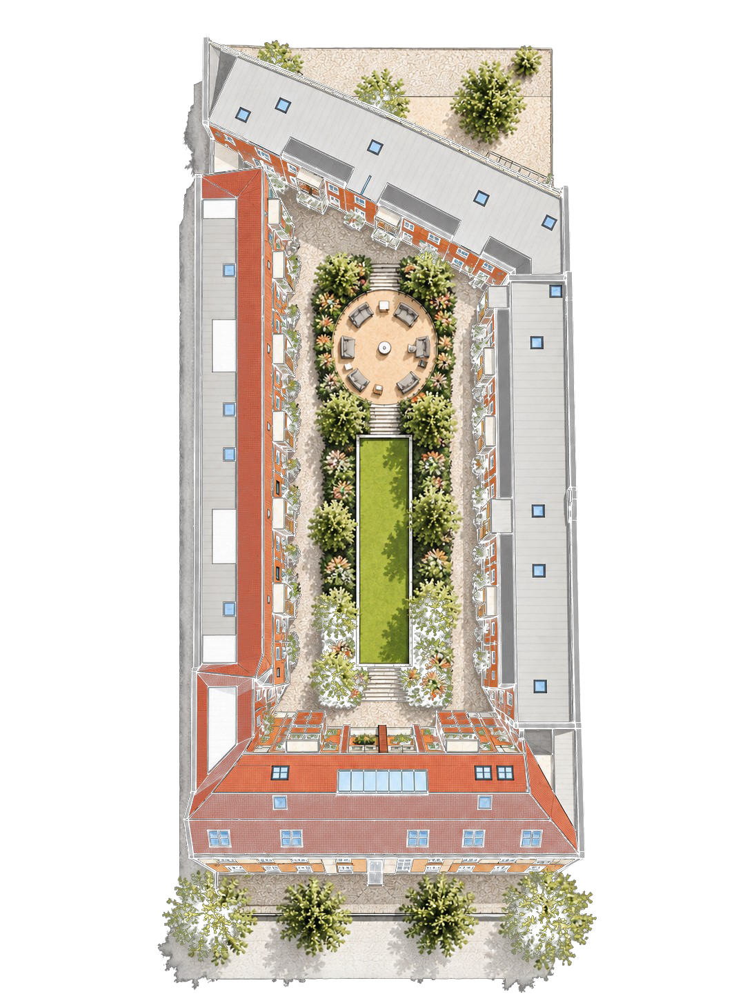 Aerial illustration of Kleine Bremer Höhe — the four houses (House 1 Torstraße, House 2, House 3 Zehdenicker Straße, House 4) around the green courtyard