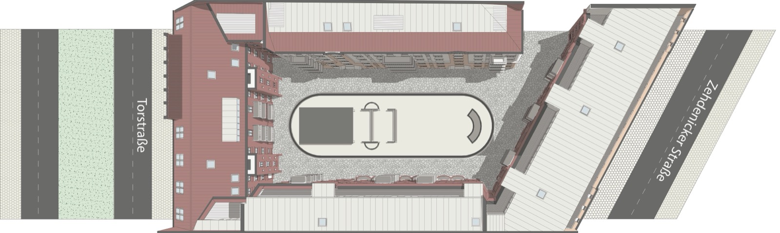 Site plan of Kleine Bremer Höhe — four houses around the courtyard, entrances 1–10, between Torstraße and Zehdenicker Straße